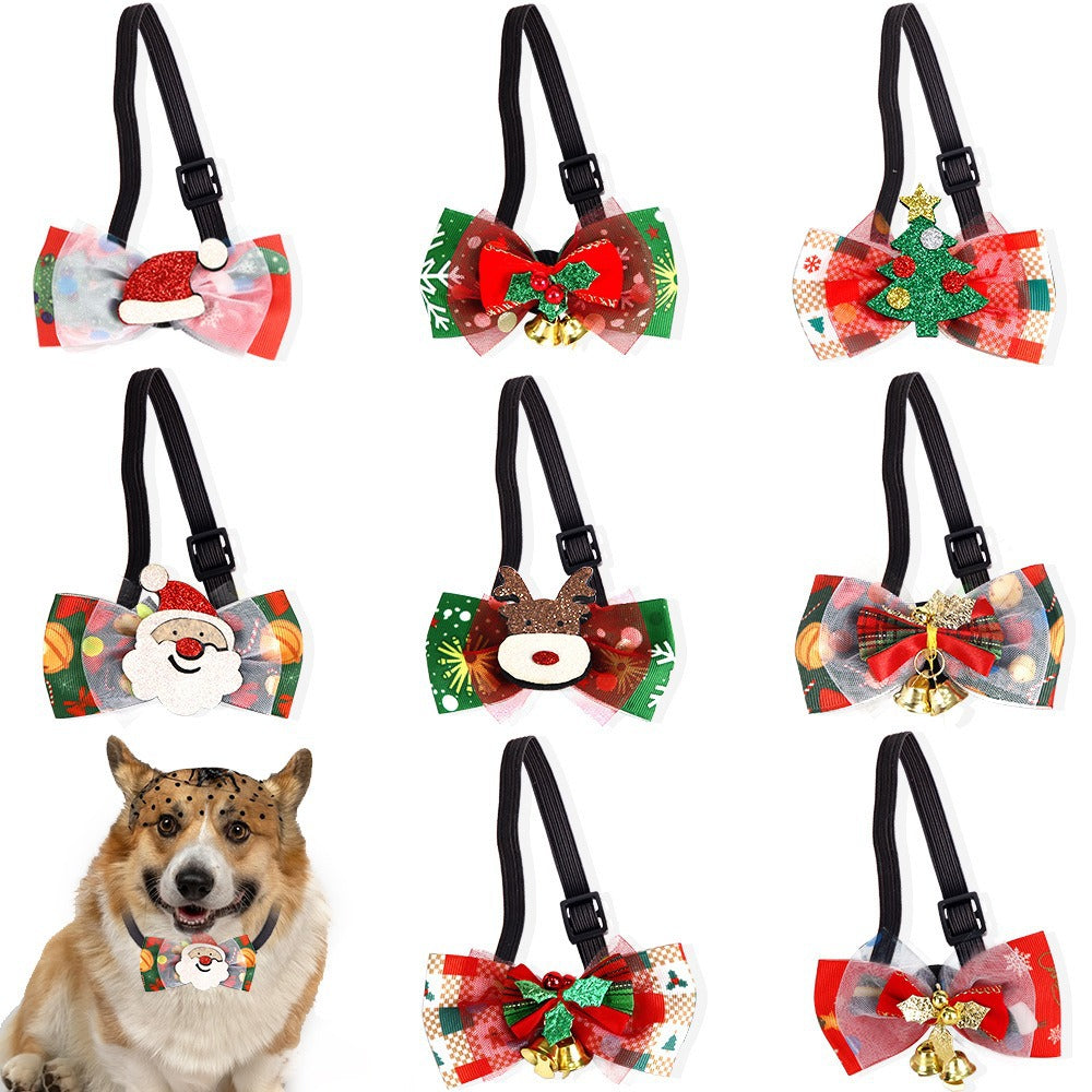 Christmas Pet Bow Tie Adjustable Polyester Collar With Alloy Bells Santa Reindeer Tree Pattern For Cats Dogs Decoration